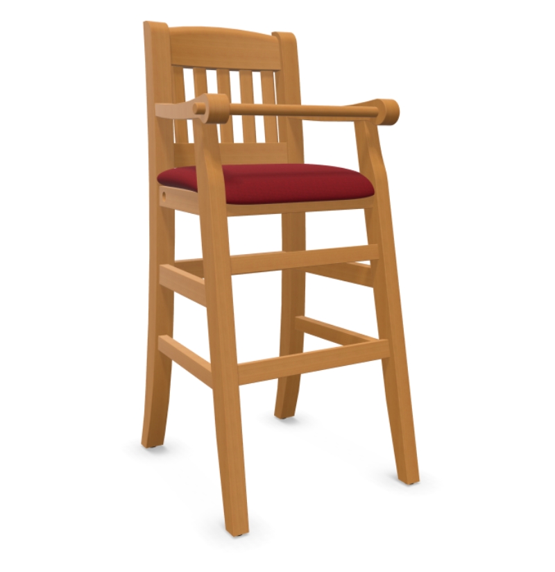 KINDER high chair, red fabric, water-based varnish, beechwood frame